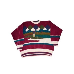 Vintage Par Four Golfer Sweater Mens Size XL Multicolor V Neck 90s Golf Grandpa